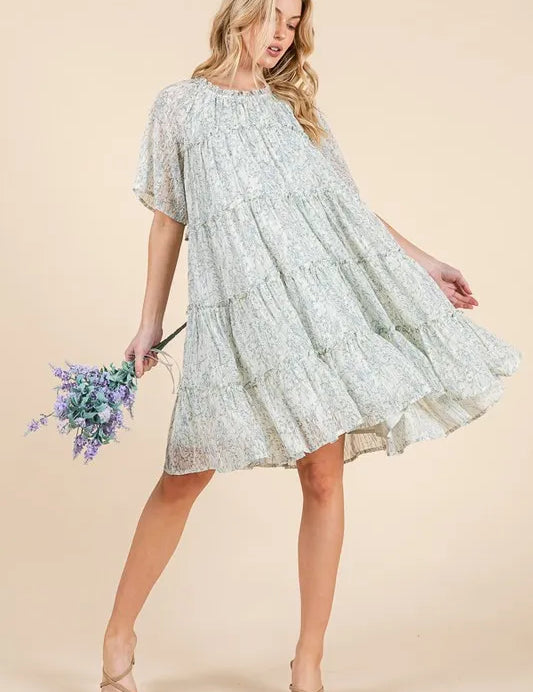 IVORY COMBO Lime 'N' Chili Ditsy Floral Print Sheer Ruffle Detail Mini Dress | Daverri Fashions