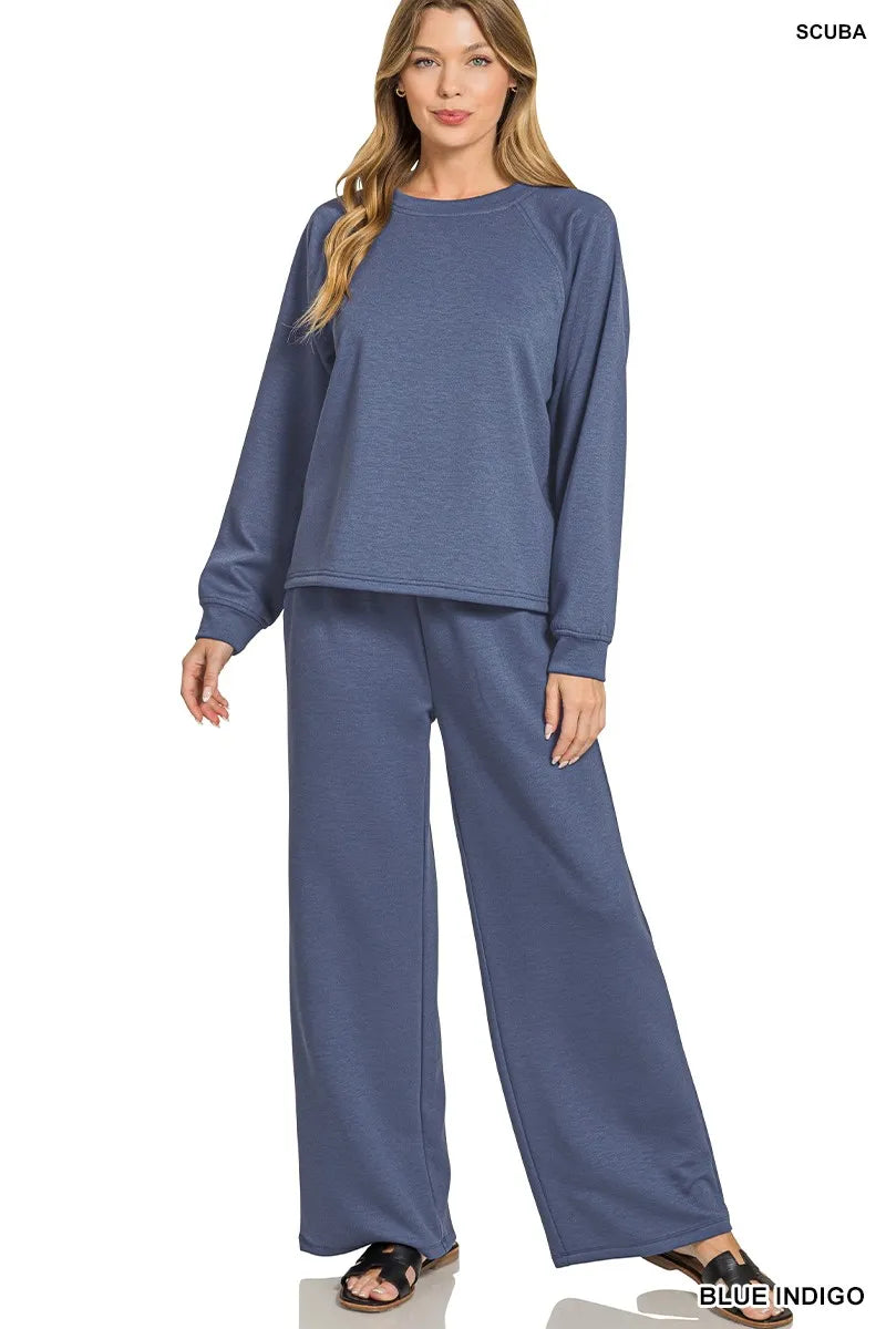 BLUE INDIGO Zenana Scuba Crewneck Sweatshirt and Pants Set | Daverri Fashions