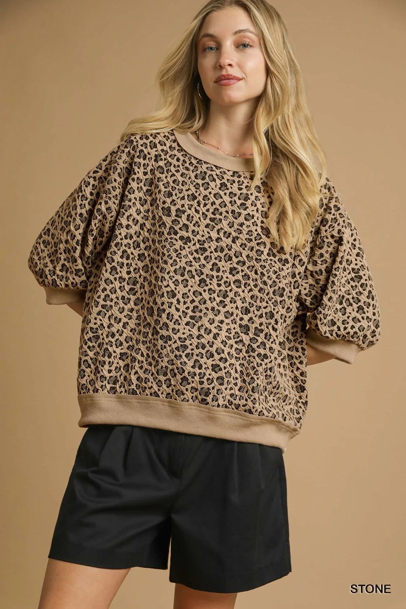 Umgee Leopard Knit Jacquard Puff Sleeve Sweatshirt STONE Sweaters