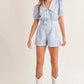 MABLE Striped Puff Sleeve Collared Neck Romper Rompers