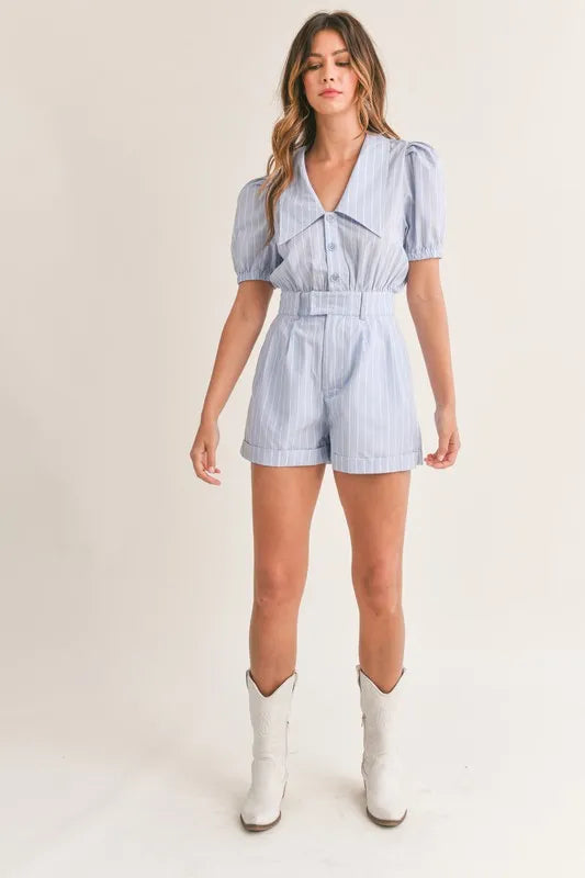 MABLE Striped Puff Sleeve Collared Neck Romper Rompers
