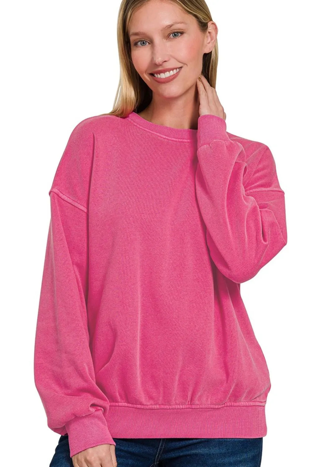 Zenana Soft Fleece Pigment Dye Round-neck Sweatshirts HOT PINK