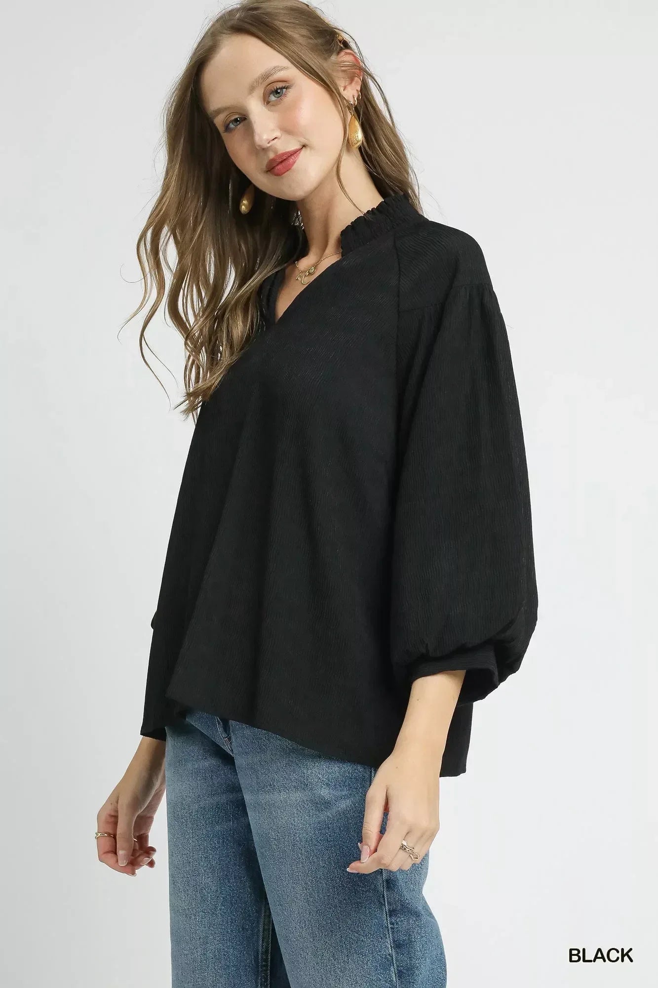 Umgee Textured V-Neck Blouse with Balloon Sleeves - DAVERRI FASHIONS