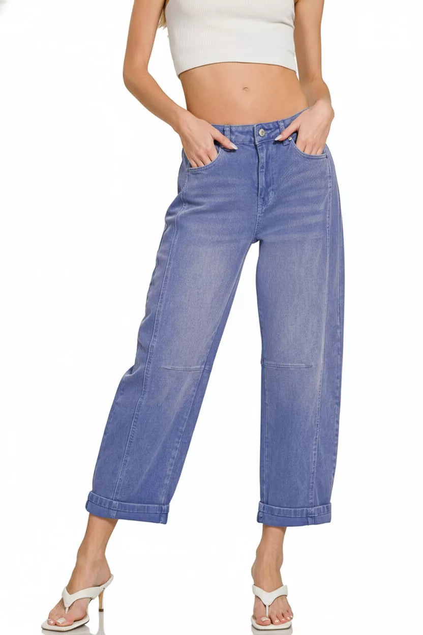 Zenana high-rise barrel-leg cropped jeans in light blue denim with rolled cuffs