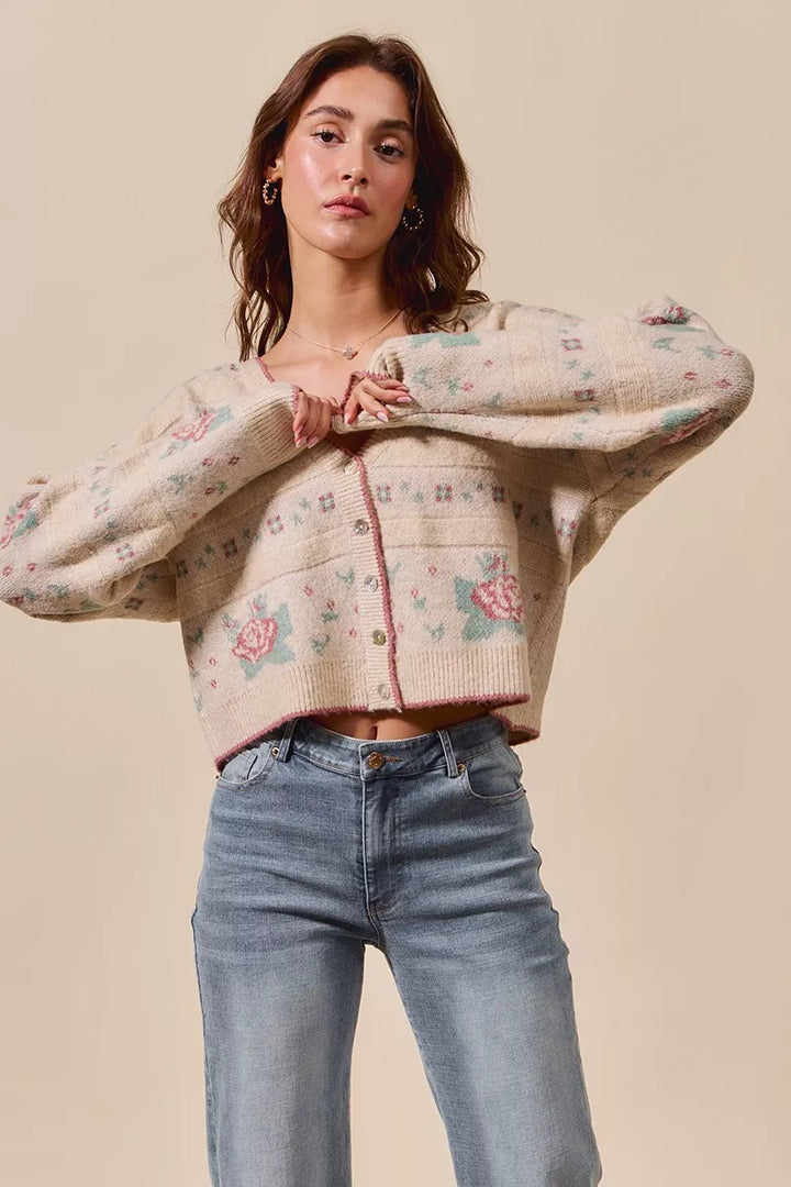SO ME Floral Pattern Long Sleeve Button Sweater Cardigan | Cardigans Daverri Fashions