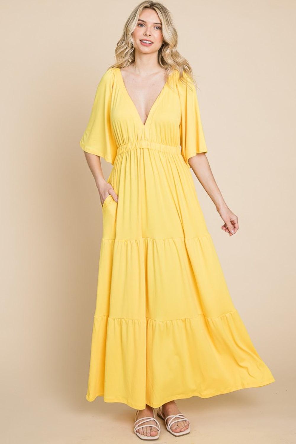 Culture Code Backless Plunge Half Sleeve Tiered Dress LEMONADE Maxi Dresses