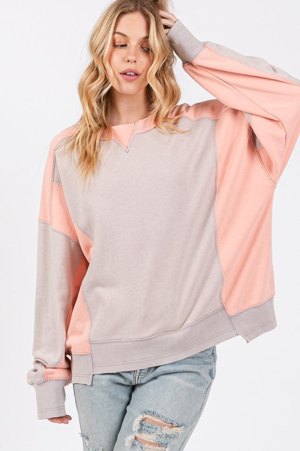 SAGE + FIG Color Block Round Neck Sweatshirt - DAVERRI FASHIONS
