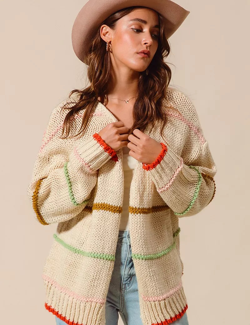 OATMEAL SO ME Loose Fit Multi Stripe Open Front Cardigan | Daverri Fashions