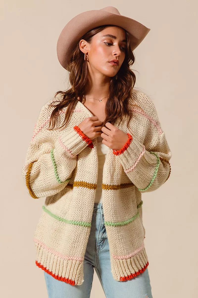 OATMEAL SO ME Loose Fit Multi Stripe Open Front Cardigan | Daverri Fashions