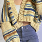 Cozy chunky knit striped cropped cardigan in cream, blue, brown