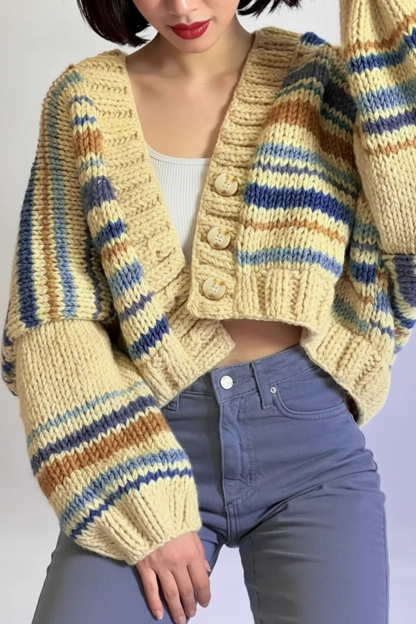 Cozy chunky knit striped cropped cardigan in cream, blue, brown