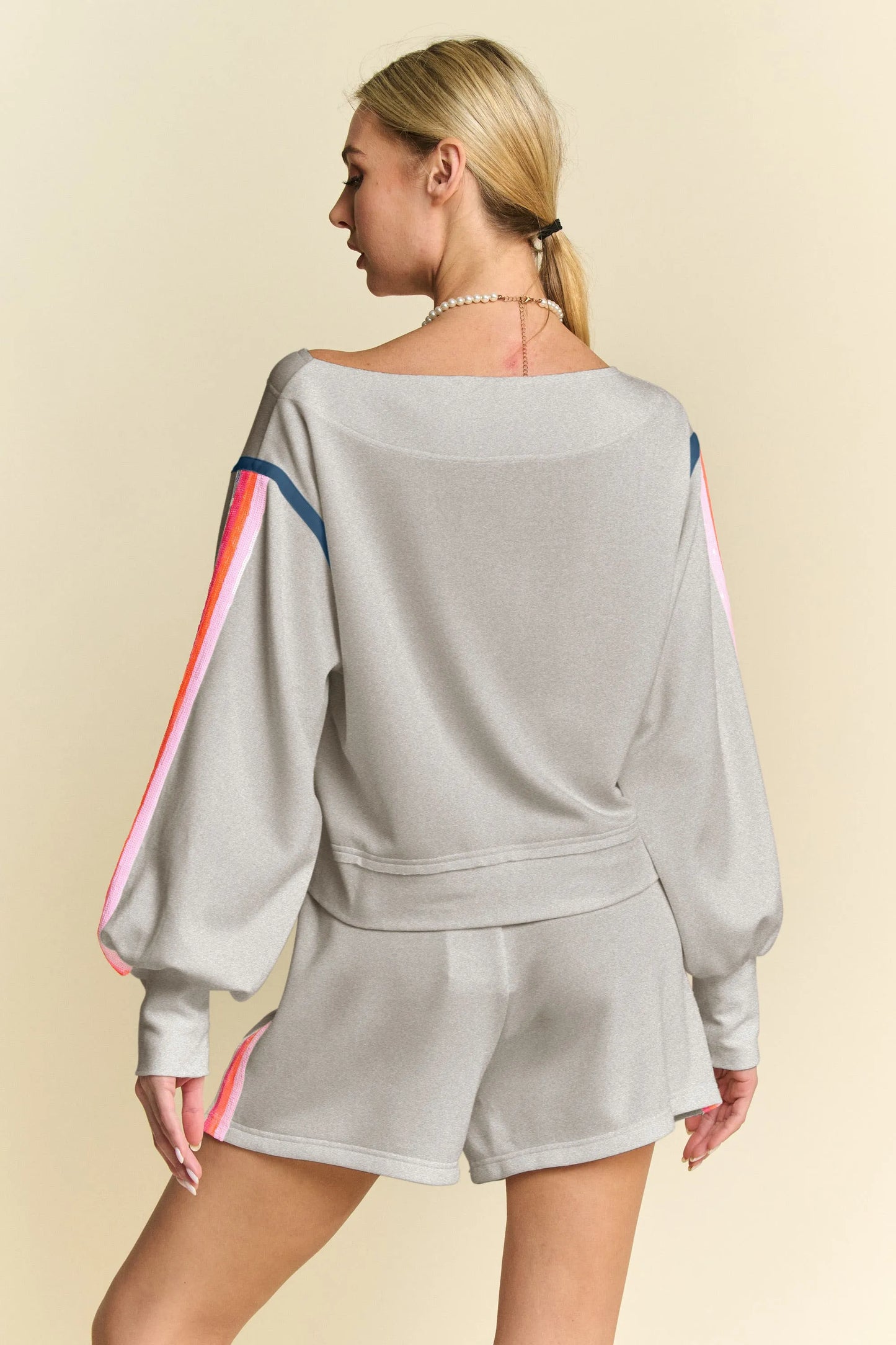 Davi & Dani Sequin Stripe Long Sleeve Top And Short Pants Set Shorts Sets