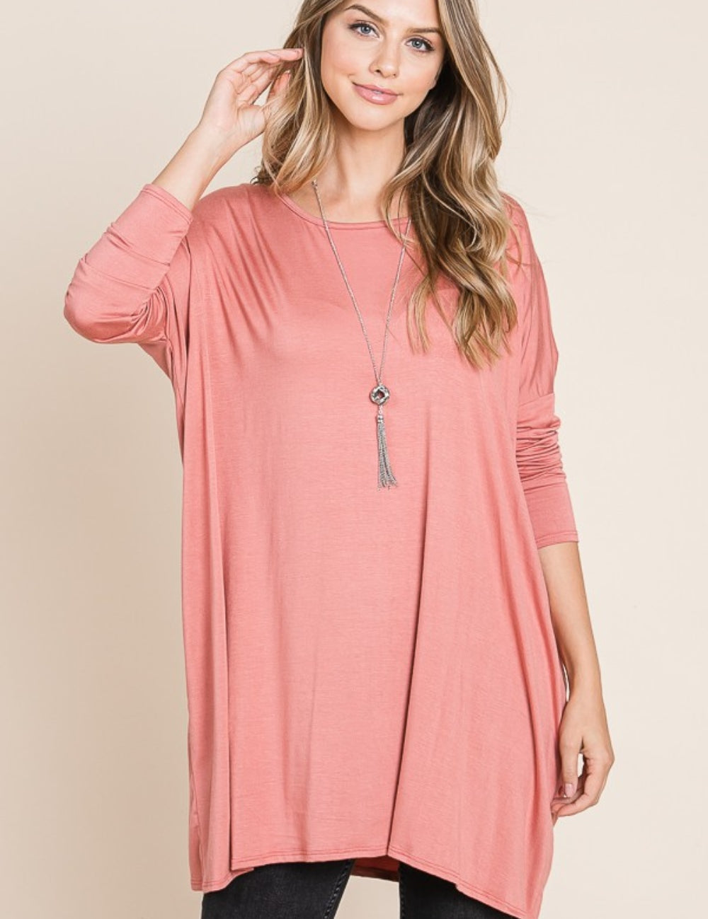 Brick BOMBOM Round Neck Long Sleeve Oversized Top | Tops Daverri Fashions