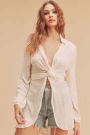 Aemi + Co Tied Collared Neck Long Sleeve Top | Tops Daverri Fashions