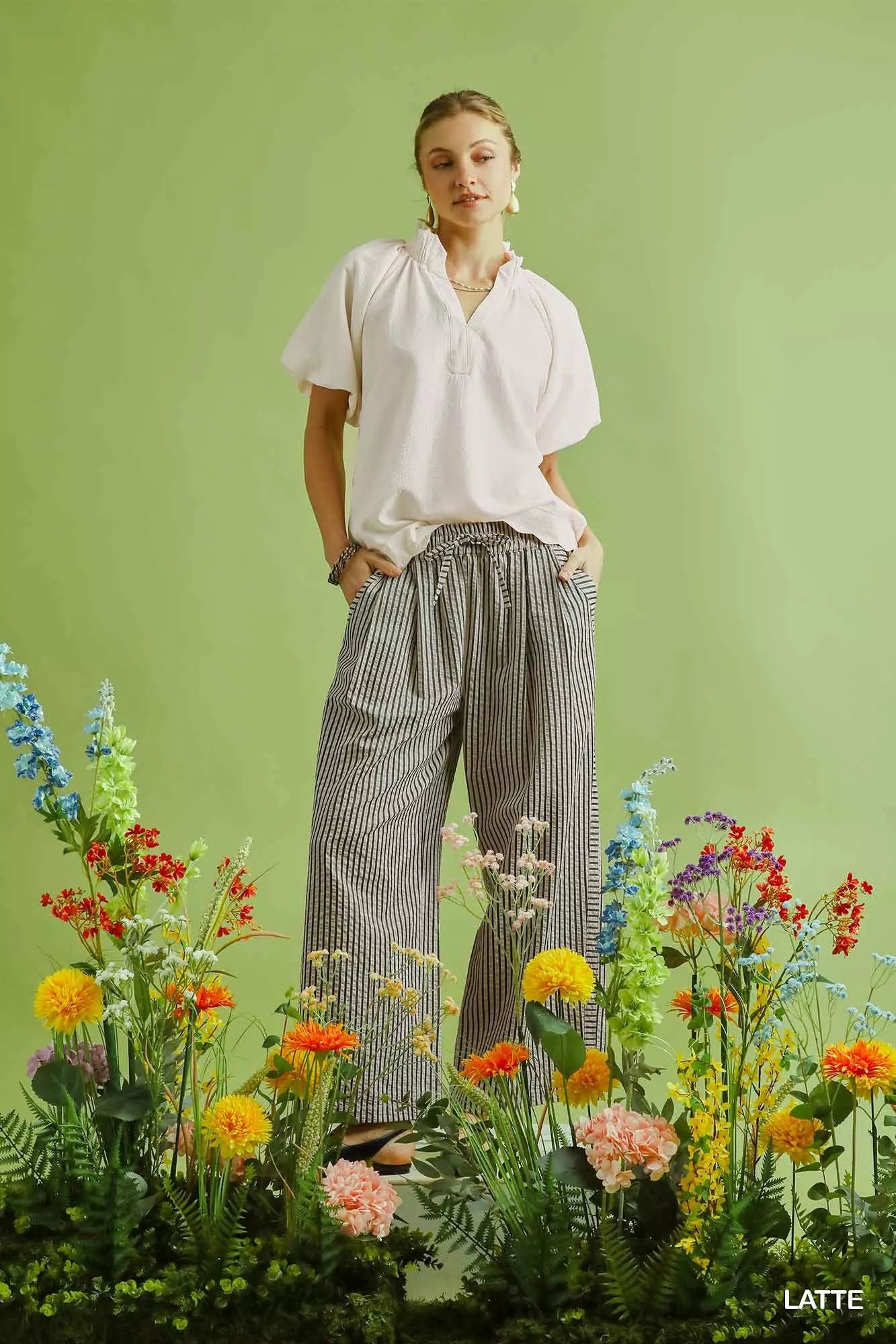 Umgee drawstring striped wide-leg pants in black-and-white pinstripes