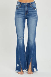 RISEN Full Size High Rise Front Slit Frayed Hem Flare Jeans | Jeans Daverri Fashions