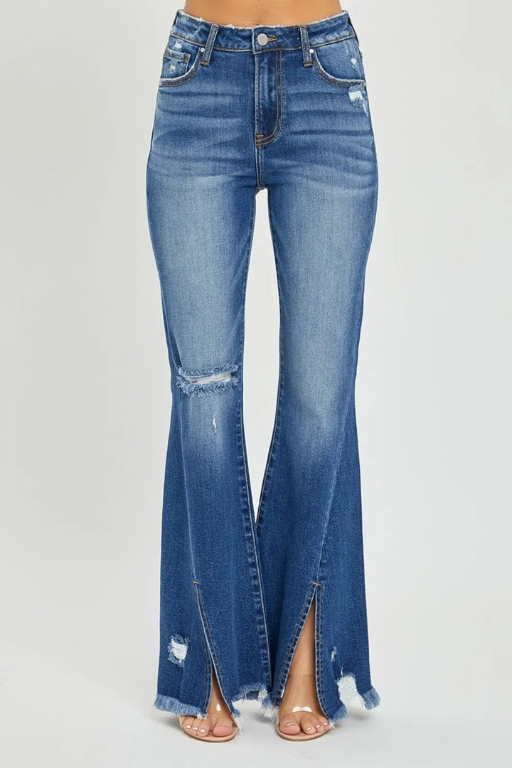 RISEN Full Size High Rise Front Slit Frayed Hem Flare Jeans | Jeans Daverri Fashions