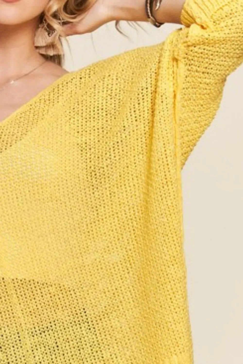 ADORA loose fit yellow knit sweater top with open-weave texture