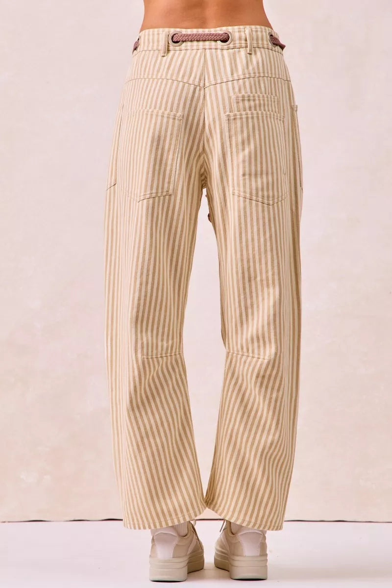BiBi Drawstring Striped Twill Barrel Pants Oatmeal, beige cream wide-leg trousers