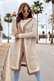 Dust Storm One Size Pocketed Contrast Long Sleeve Hooded Cardigan | Cardigans Daverri Fashions