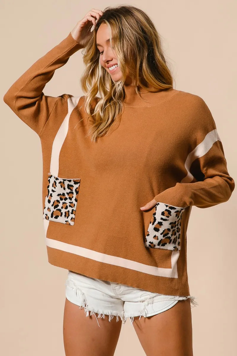 BiBi Mock Neck Sweater with Leopard Pocket Sweaters