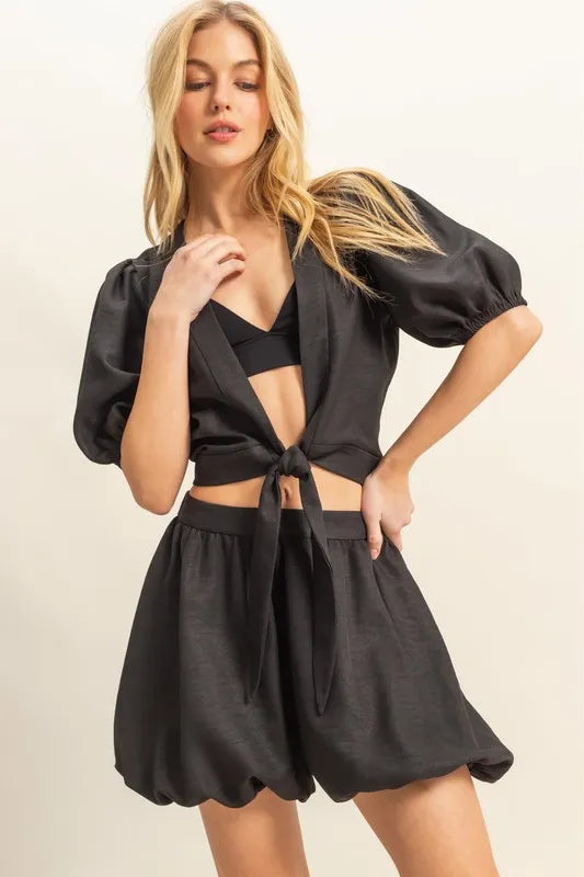 HYFVE Front Tie Top and Bubble Hem Shorts BLACK Shorts Sets