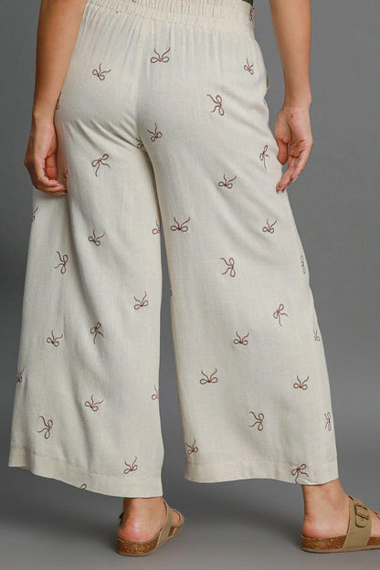 Umgee Lace Drawstring Embroidered Bow Wide Leg Pants - DAVERRI FASHIONS