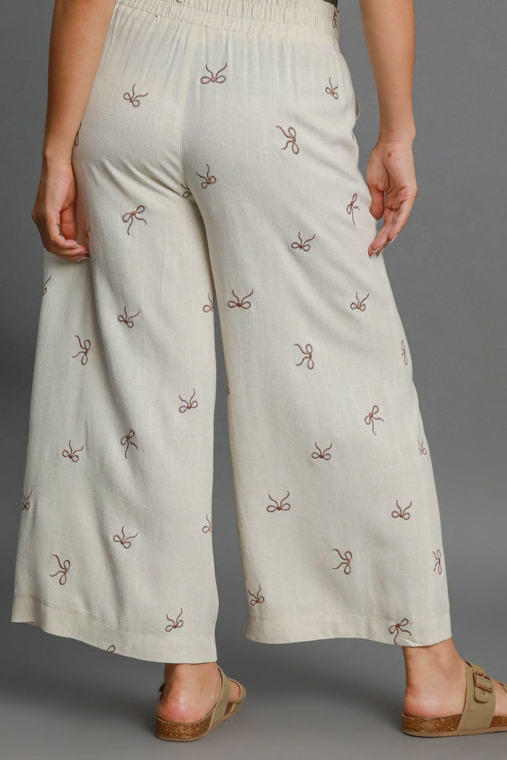 Umgee Lace Drawstring Embroidered Bow Wide Leg Pants Pants