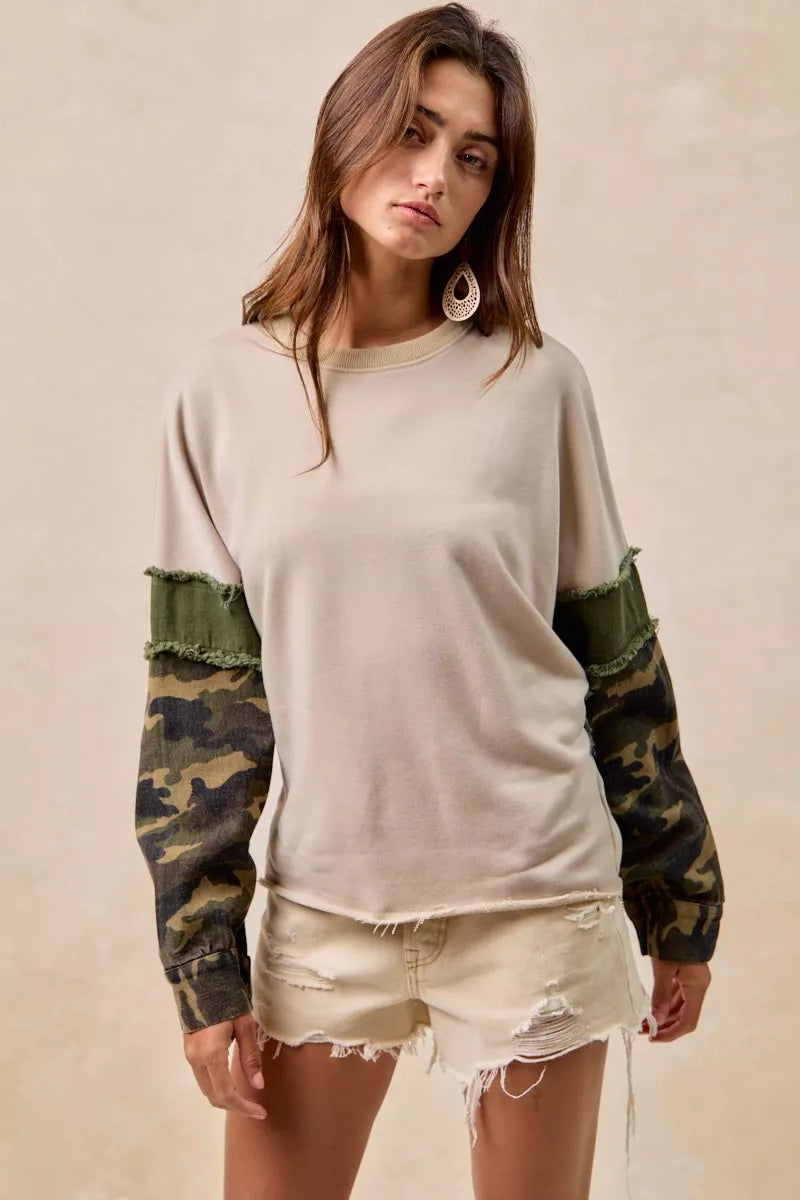 BiBi Camo Sleeve French Terry Top with Frayed Edge | Daverri Fashions