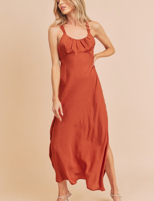 Aemi + Co Ruched Side Slit Cutout Back Maxi Cami Dress