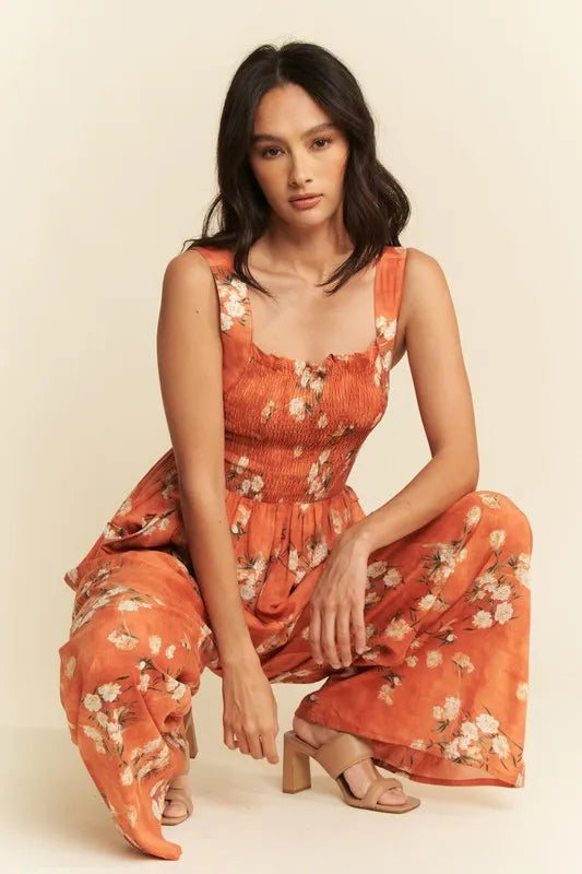 Davi & Dani Floral Ruffle Square Neck Smocking Bodice Jumpsuit Jumpsuits
