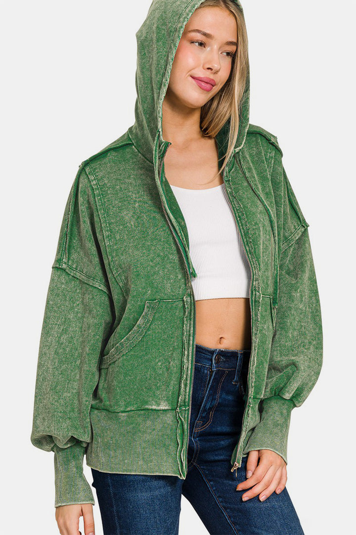 Acid Washed French Terry Zip-Up Hoodie with Pockets Dk Green Tops