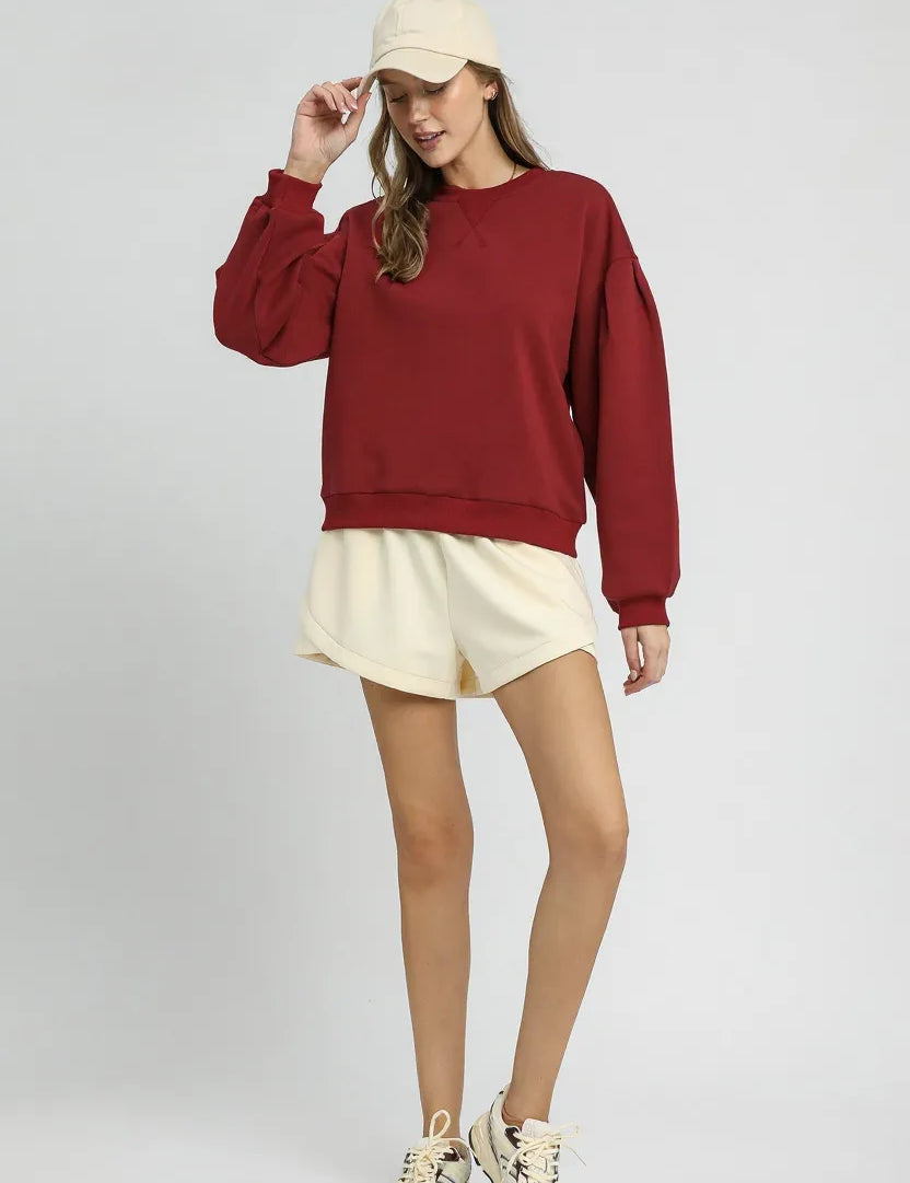 Umgee Round Neck Sweatshirt with Pleated Detail | Sweatshirts Daverri Fashions