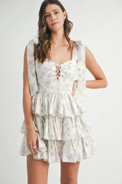MABLE Floral Print Shoulder Tie Layered Mini Dress | Daverri Fashions