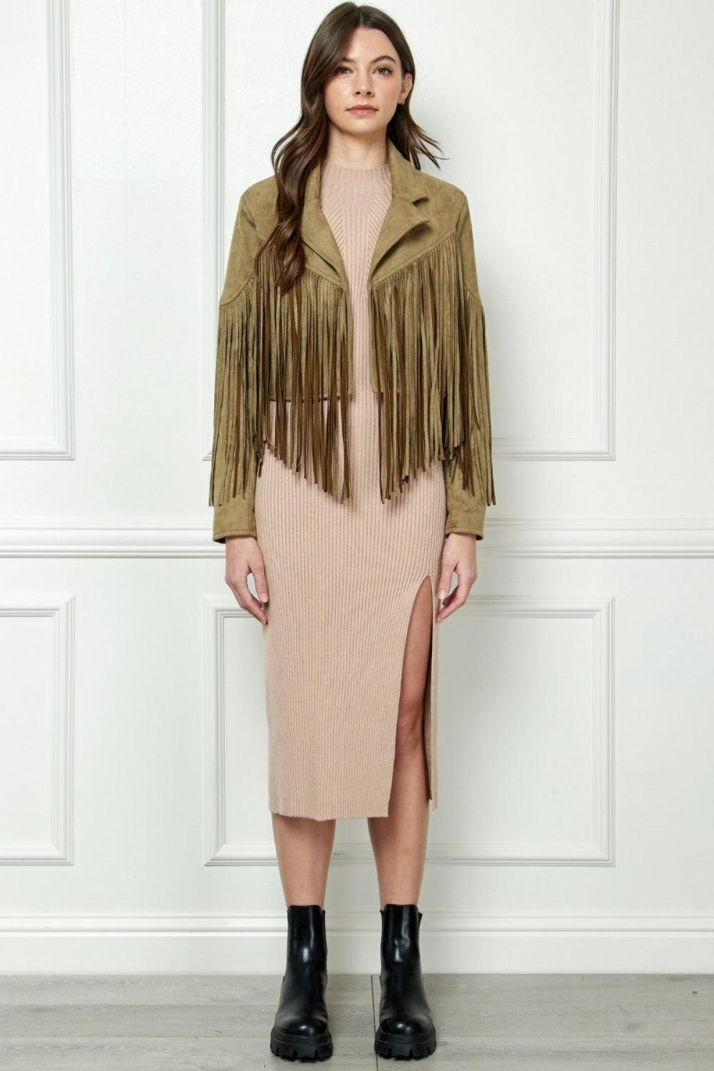 Veveret Suede Fringe Long Sleeve Moto Jacket Coats & Jackets