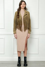 Veveret Suede Fringe Long Sleeve Moto Jacket Coats & Jackets