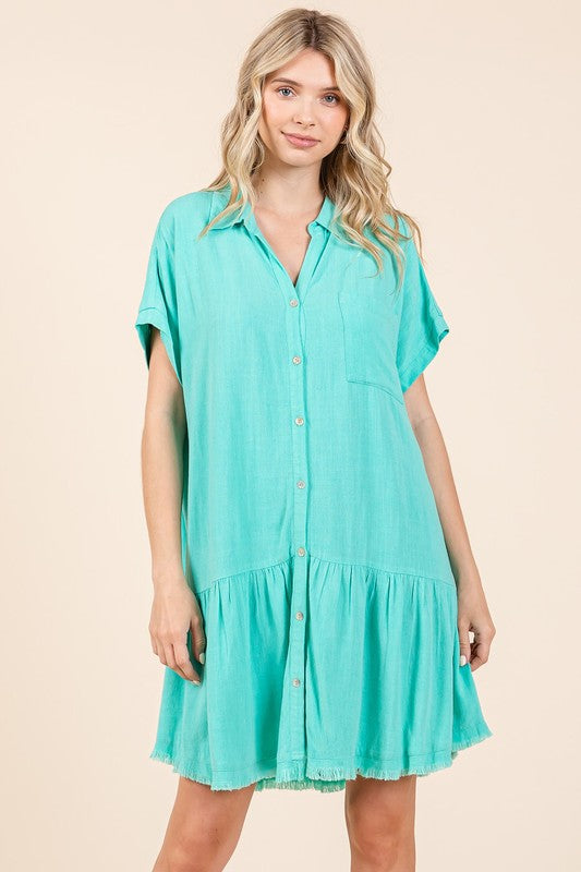 Mittoshop Linen Blend Button Down Shirt Mini Dress Mini Dresses