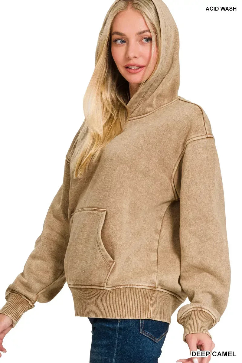 Zenana Fleece Acid Wash Kangaroo Pocket Hoodie Deep Camel - DAVERRI FASHIONS