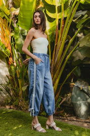 BiBi Striped Tape Details With Bot Tied Point Elastic Waist Jeans | Jeans Daverri Fashions