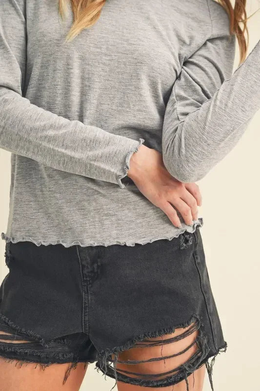 Aemi + Co Lettuce Hemline Round Neck Raglan Sleeve T-Shirt - DAVERRI FASHIONS