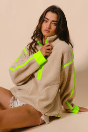 BiBi Contrast Edge Half Zip Up Sherpa Jacket | Jackets Daverri Fashions