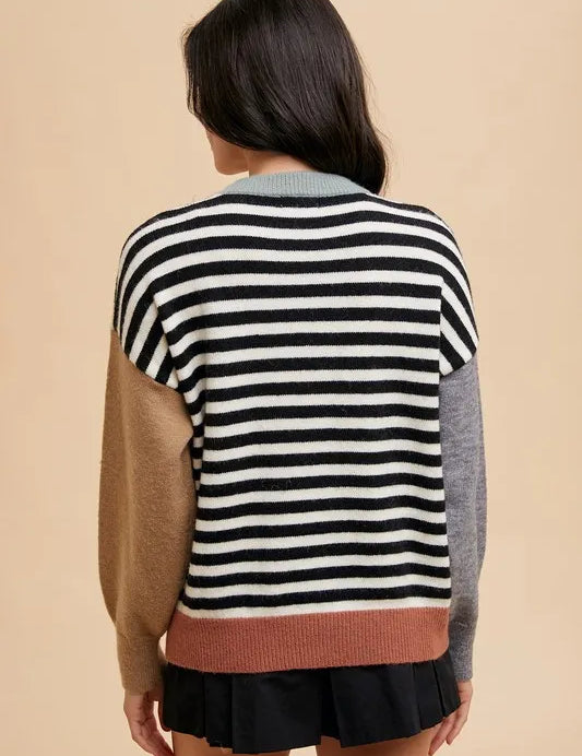 Annie Wear Striped Color Block Round Neck Sweater | Sweaters Daverri Fashions