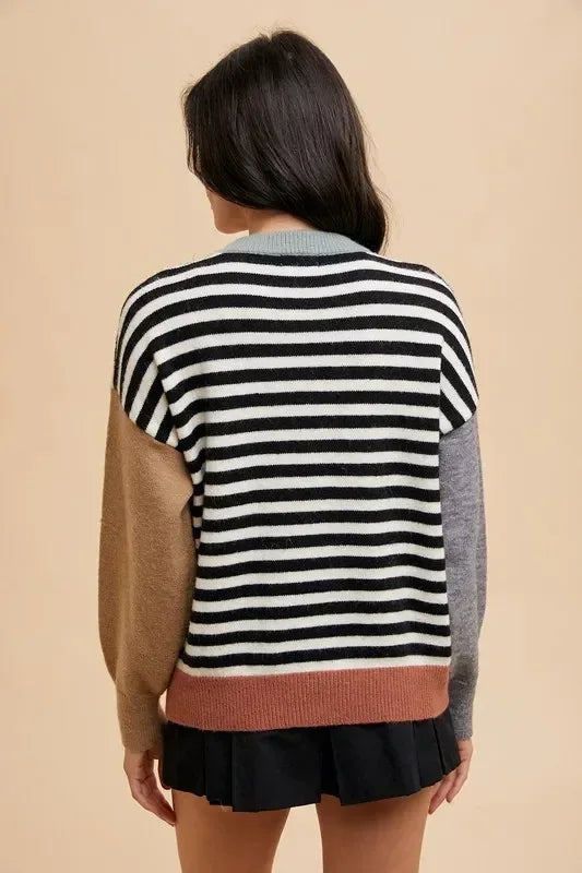 Annie Wear Striped Color Block Round Neck Sweater - DAVERRI FASHIONS