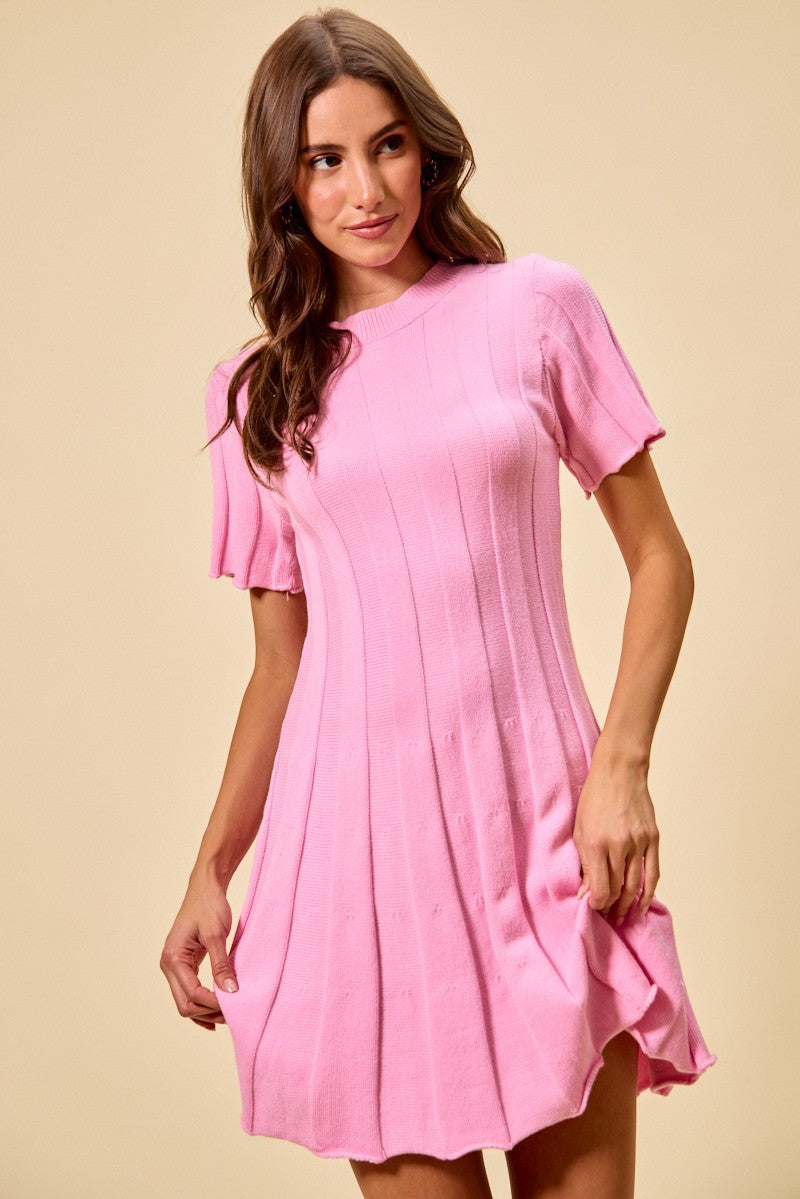 SO ME wide rib short sleeve sweater knit mini dress, pink pleated flared skirt