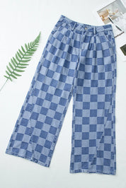 Checkered Wide Leg Jeans with Pockets | Jeans Daverri Fashions