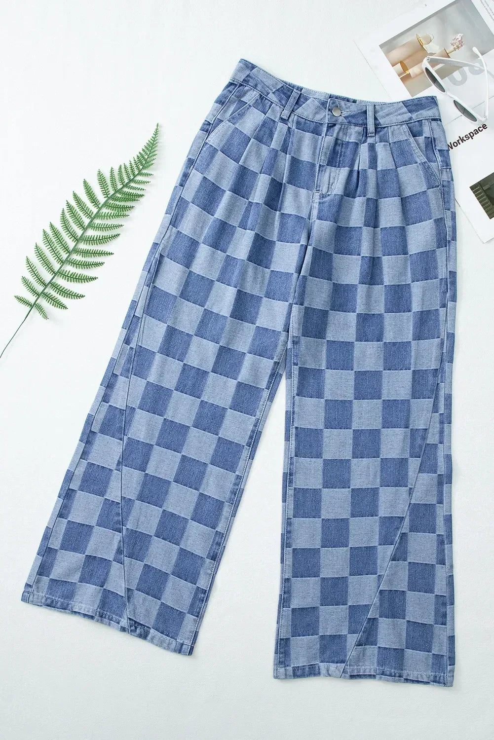 Checkered Wide Leg Jeans with Pockets - DAVERRI FASHIONS