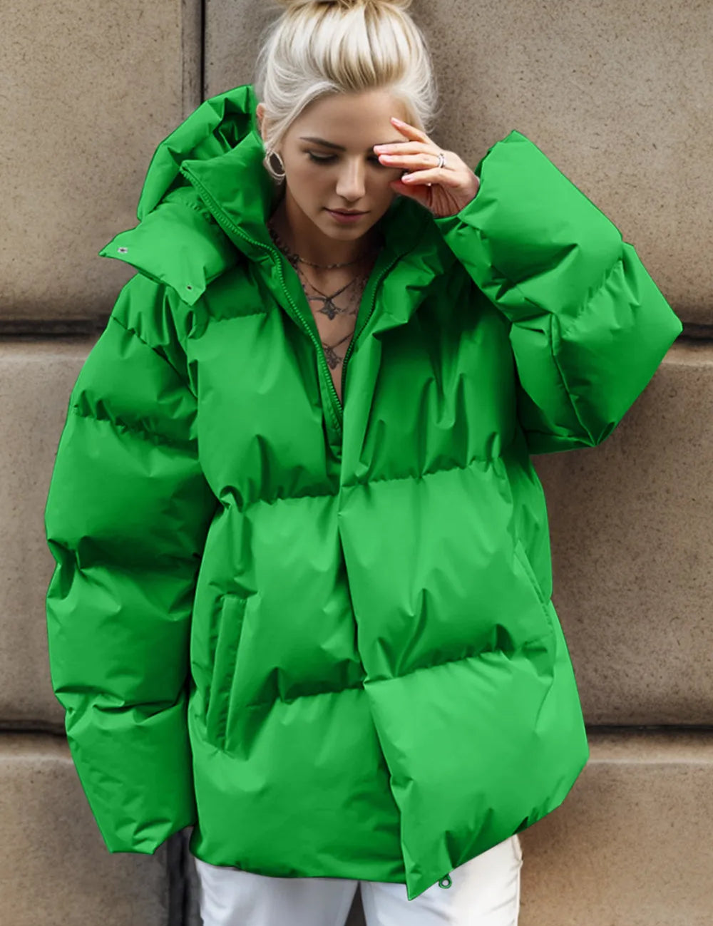 Green pocketed zip-up hooded puffer jacket with quilted design