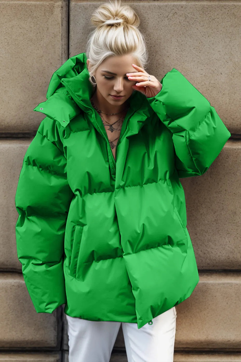 Green pocketed zip-up hooded puffer jacket with quilted design