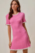 SO ME contrast ruffled sweater knit mini dress, pink ribbed with white trim