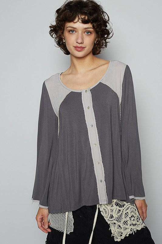 POL Contrast Button Front Long Sleeve Knit Top Dark Gray